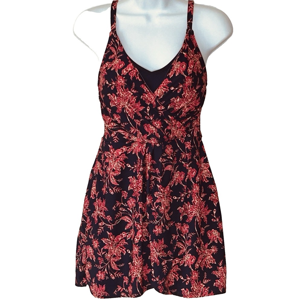 Lands End Wrap Swim Dress S Purple Orange Floral Padded Bra V Neck